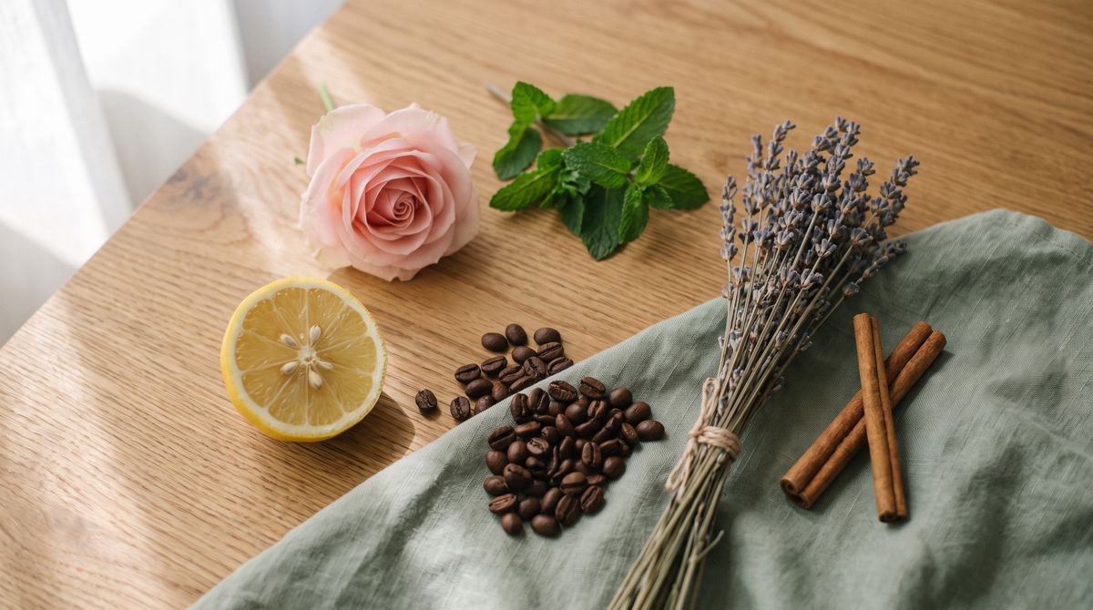 Limone, rosa, menta, caffè, lavanda e cannella su un tavolo di legno — i sei odori dell’allenamento